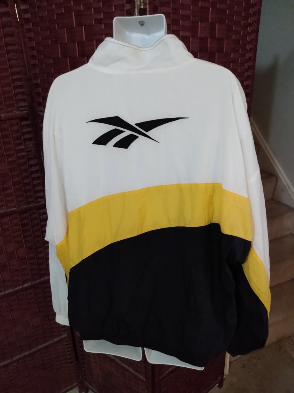 Vintage 90s Reebok Windbreaker Jacket XXL Black White Yellow Retro Big Logo